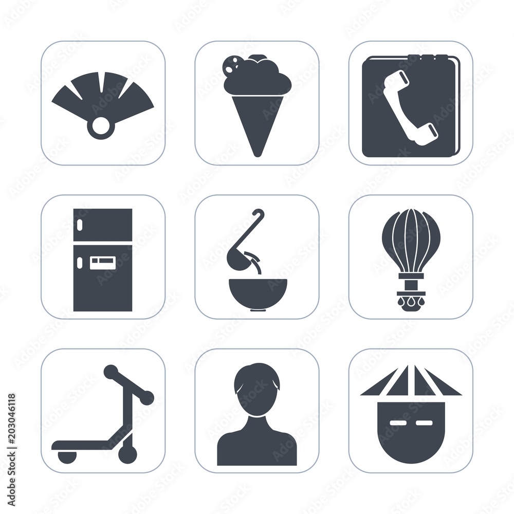 Premium fill icons set on white background . Such as vehicle, freezer, chinese, transport, strawberry, internet, web, paper, profile, cone, dinner, ice, cream, people, japanese, contact, japan, fridge