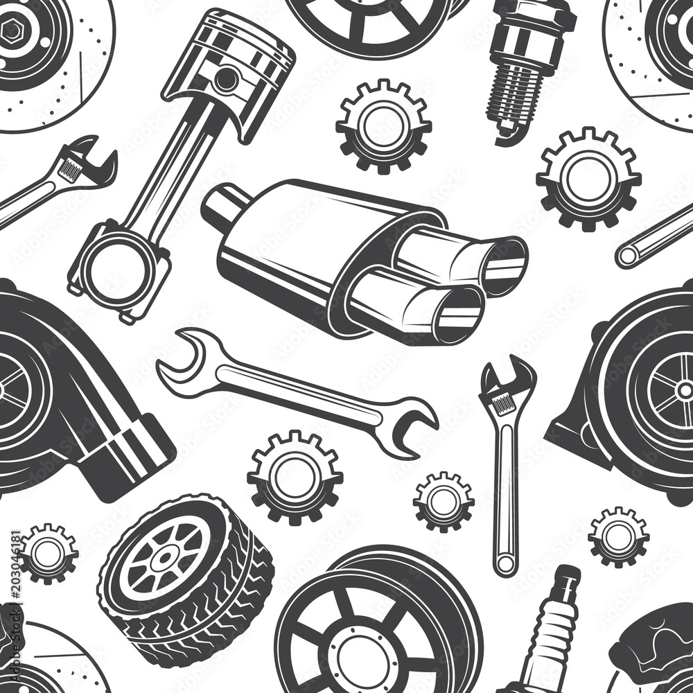 Monochrome seamless pattern with automobile tools and details