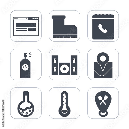 Premium fill icons set on white background . Such as art, temperature, tool, speaker, restaurant, book, video, technology, lab, web, leather, foot, style, internet, wear, contact, place, cinema, boot