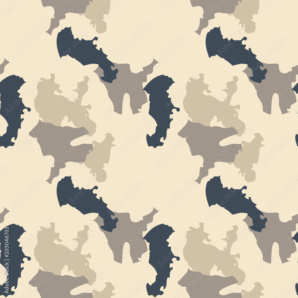 Urban camouflage of various shades of beige and navy. It is a colorful seamless pattern that can be used as a camo print for clothing and repeat background and backdrop or computer wallpaper