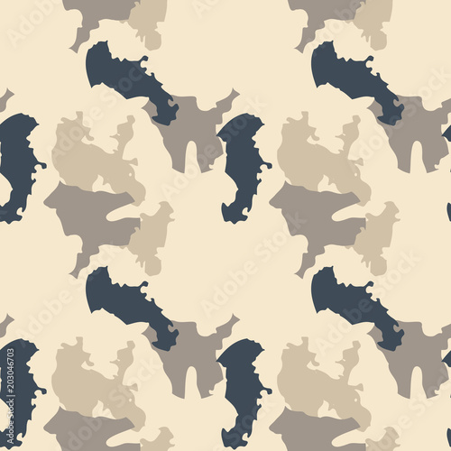 Urban camouflage of various shades of beige and navy. It is a colorful seamless pattern that can be used as a camo print for clothing and repeat background and backdrop or computer wallpaper