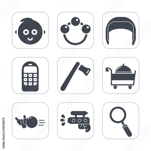 Premium fill icons set on white background . Such as water, newborn, people, rattle, safety, old, girl, little, building, bowling, communication, game, ball, boy, helmet, worker, construction, pin