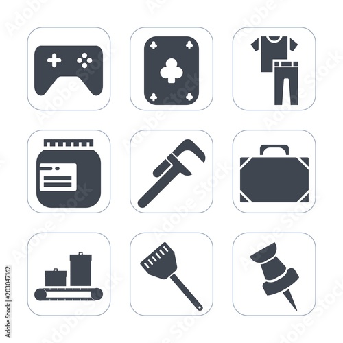 Premium fill icons set on white background . Such as renovation, tool, work, home, bag, shirt, sweet, dress, style, cooking, play, sign, gambling, luggage, repair, kitchen, jam, travel, map, card, pin