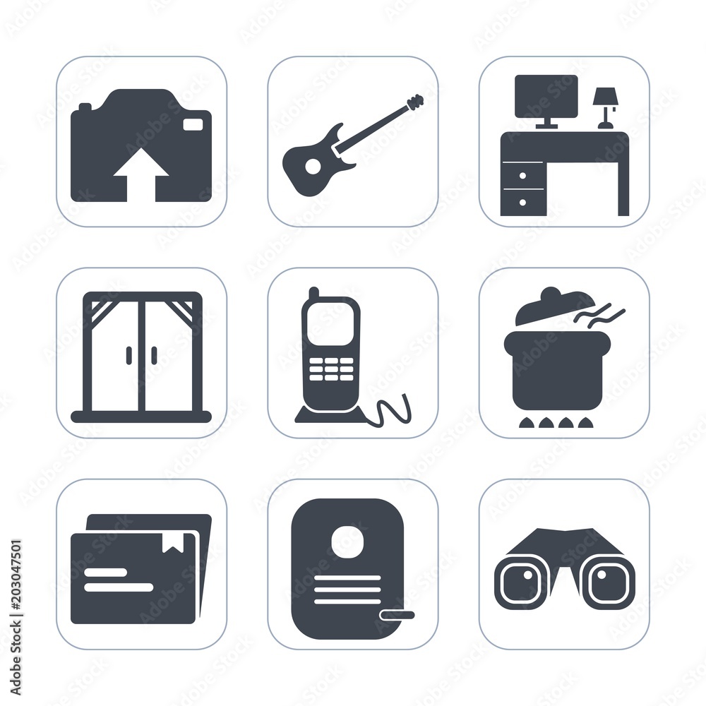Premium fill icons set on white background . Such as window, guitar, interior, picture, space, photo, notebook, house, music, white, dish, desk, upload, rock, communication, camera, concert, home, top