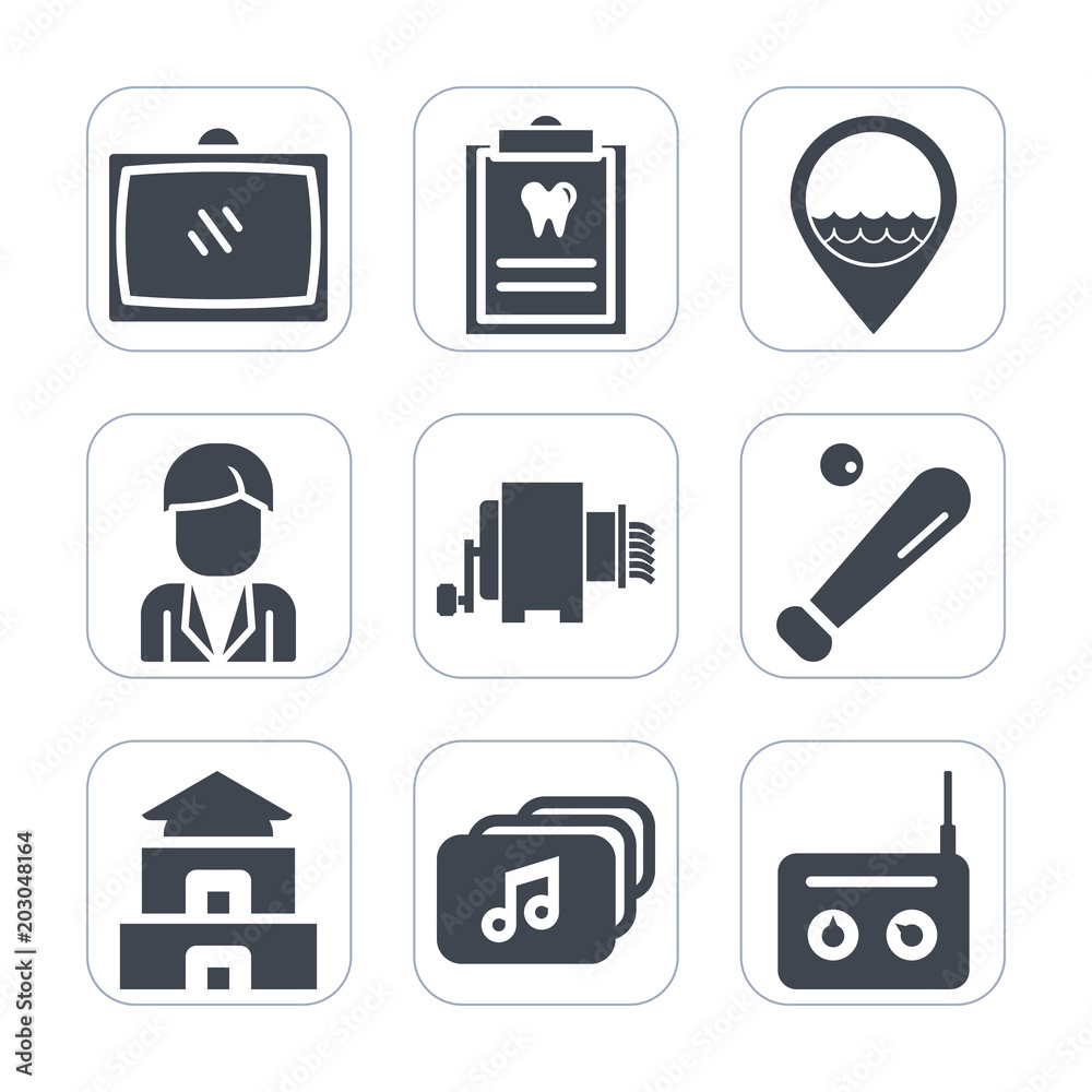 Premium fill icons set on white background . Such as baseball, entertainment, business, dental, patient, medical, boy, league, young, travel, temple, home, medicine, food, work, clinic, television, tv