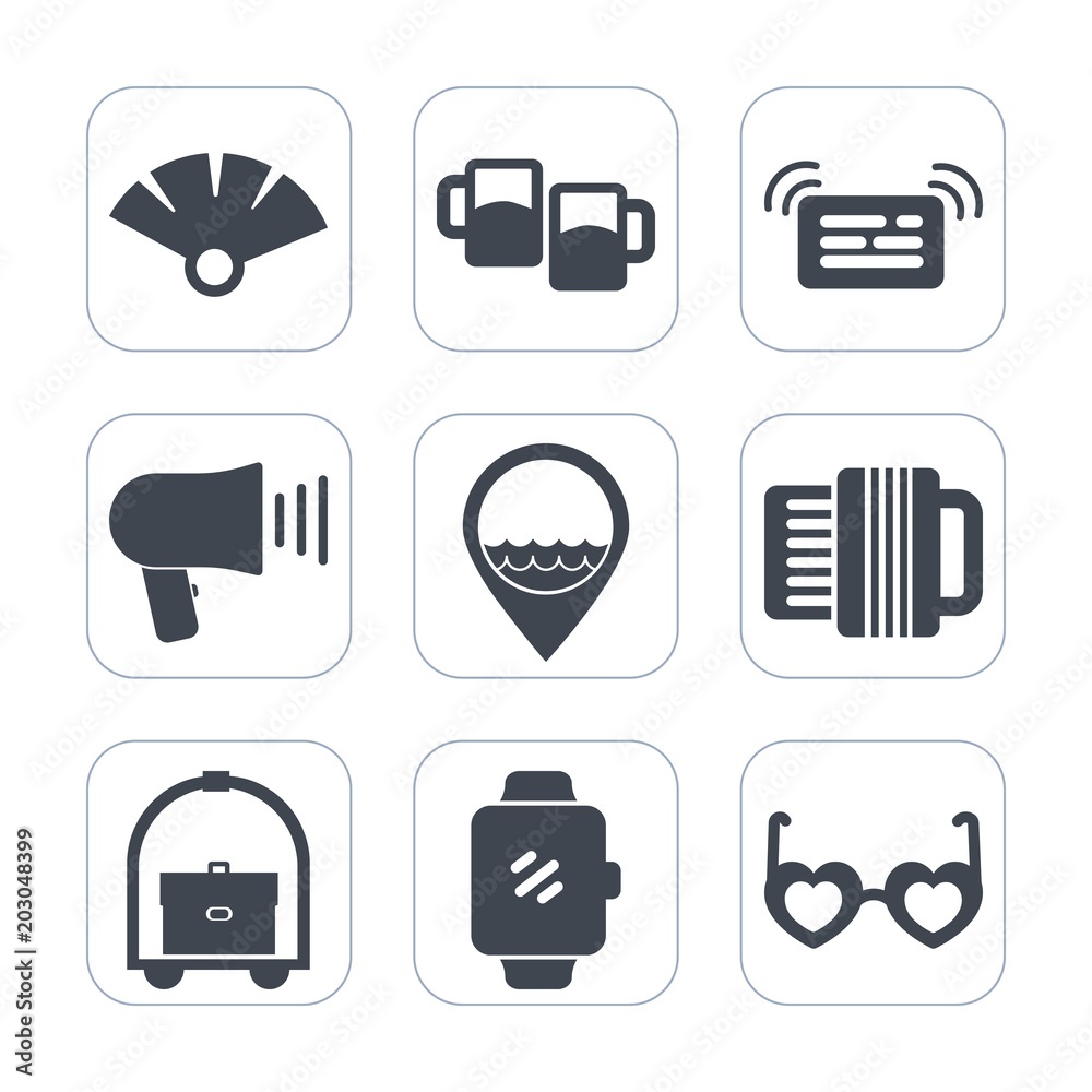 Premium fill icons set on white background . Such as communication, work, sunglasses, gadget, notification, loudspeaker, japan, mug, japanese, paper, sensu, music, vacation, business, hotel, job, foam Premium fill icons set on white background . Such as communication, work, sunglasses, gadget, notification, loudspeaker, japan, mug, japanese, paper, sensu, music, vacation, business, hotel, job, foam