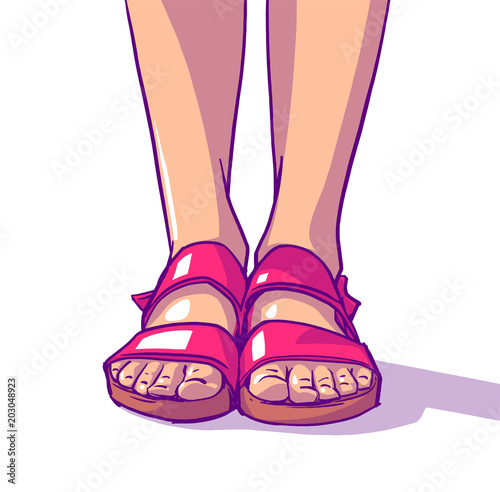 Illustration of young girl wearing summer sandals