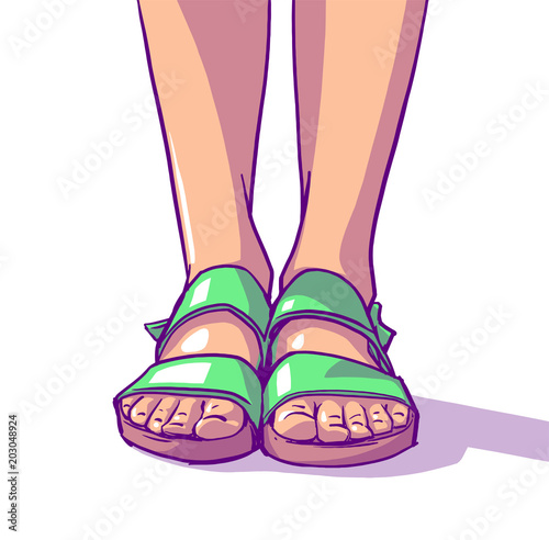 Illustration of young girl wearing summer sandals