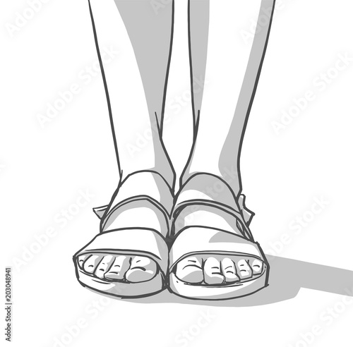 Illustration of young girl wearing summer sandals