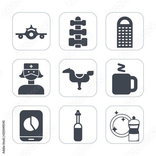 Premium fill icons set on white background . Such as sport, transport, medicine, airport, grater, play, flight, drink, nurse, fitness, cuisine, kitchen, departure, cup, gym, horse, equipment, plane