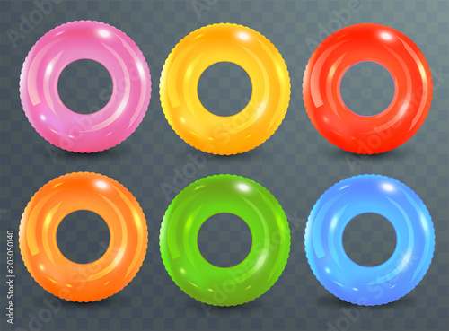 Swim rings set on transparent background. Inflatable rubber toy. Lifebuoy colorful vector collection. Summer. Realistic summertime illustration. Summer vacation or trip safety.