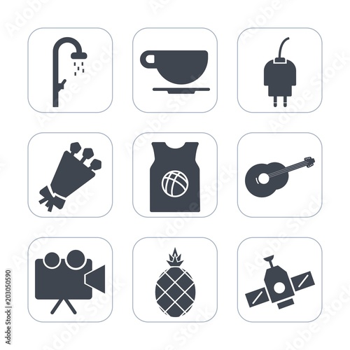 Premium fill icons set on white background . Such as team, screen, water, energy, hygiene, coffee, drink, clean, bathroom, flower, tropical, wet, bath, music, guitar, space, cup, exotic, head, shower