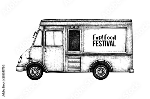 Vintage food truck sketch. Vector template for logo, icon, label, packaging, poster. Fast food festival menu design.  
