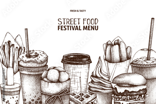 Street food and drinks festival menu with vintage illustrations. Fast food engraved style design with vector drawing for logo, icon, label, packaging, poster.