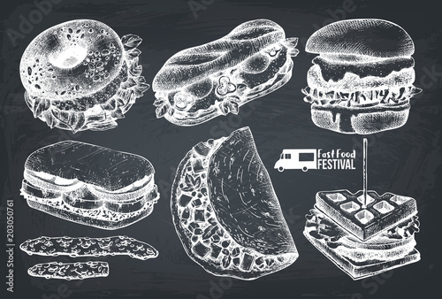 Street food festival menu. Vintage sketch collection. Fast food set. Engraved style design. Vector drink drawing. 