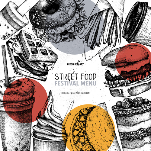 Street food and drinks festival menu with vintage illustrations. Fast food engraved style design with vector drawing for logo, icon, label, packaging, poster.