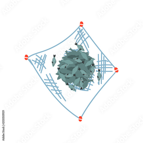 Fish in fishing net, seafood production, fish industry vector Illustration on a white background