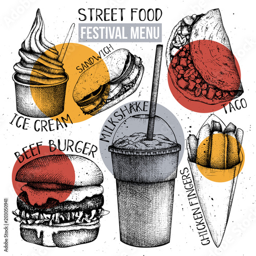Street food festival menu. Vintage sketch collection. Fast food set. Engraved style template. Vector packaging design. 