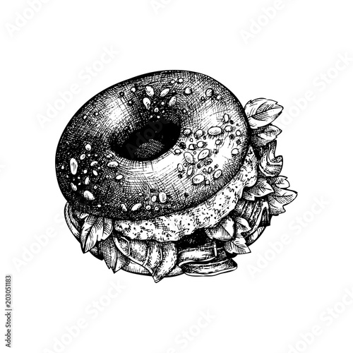 Hand drawn bagel sketch. Bread product vector illustrations. Fast food design template. 