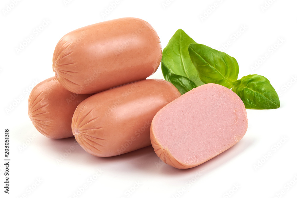 Fresh sausages with basil, isolated on white background. Fresh sausages with basil, isolated on white background.