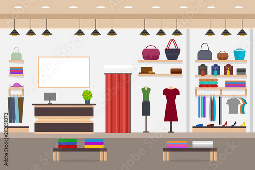 Cartoon Fashion Shop Interior with Furniture Card Poster. Vector