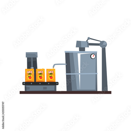 Conveyor line for packaging juice, production process stage vector Illustration on a white background