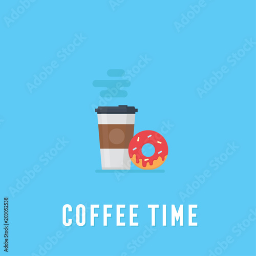 Coffee in plastic cup and donut, breakfast food, coffee time