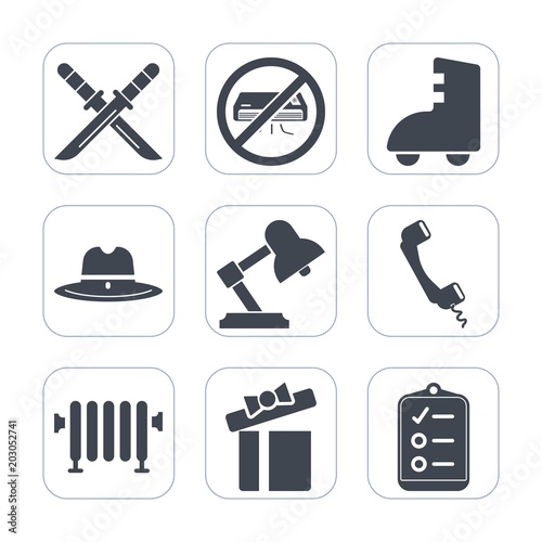 Premium fill icons set on white background . Such as sport, cowboy, sign, conditioner, sheriff, ninja, celebration, samurai, mark, box, check, holiday, lamp, boiler, skate, communication, katana, hot