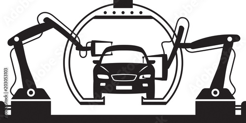 Robots weld car bodies at assembly line - vector illustration