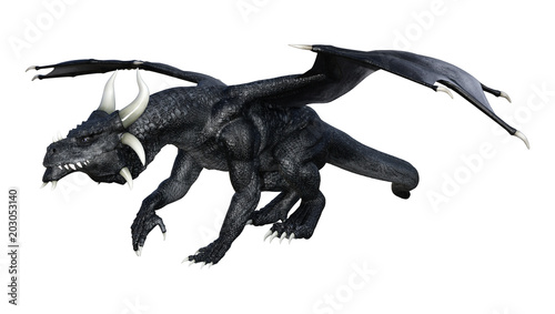 3D Rendering Fantasy Black Dragon on White