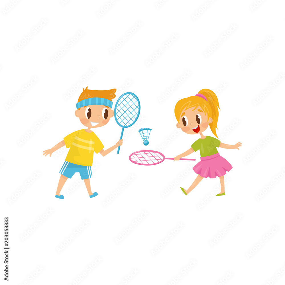 Brother and sister playing badminton. Two cheerful friends. Little boy and girl having fun together. Outdoor activity. Colorful flat vector design Brother and sister playing badminton. Two cheerful friends. Little boy and girl having fun together. Outdoor activity. Colorful flat vector design