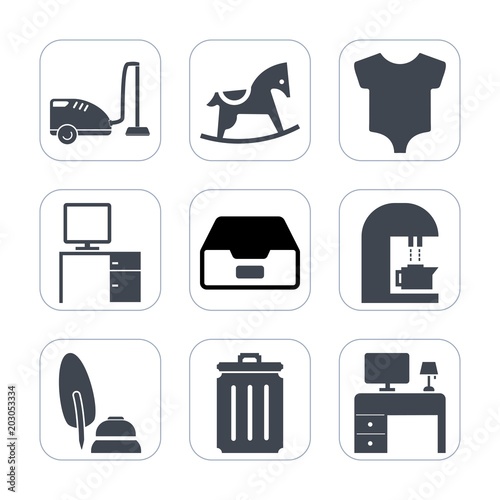 Premium fill icons set on white background . Such as can, horse, pen, clothing, office, child, housework, newborn, equipment, coffee, wood, desk, toy, ink, domestic, cleaner, trash, appliance, black
