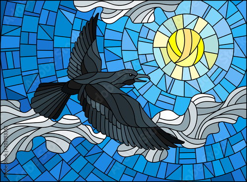 Illustration in stained glass style raven on the background of sky, sun and clouds