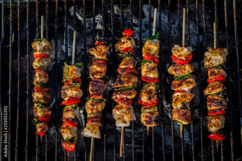 Close up pf delicious chicken breast on wooden skew with fresh vegetables, garlic, paprika fried on mangal barbeque grill