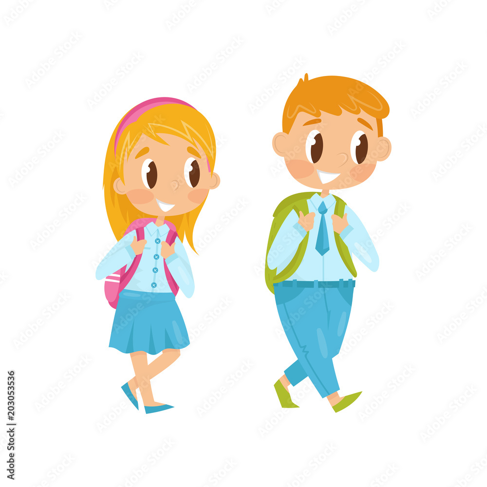 Little boy and girl walking on study. First school day. Kids in formal clothes with backpacks on shoulders. Flat vector design Little boy and girl walking on study. First school day. Kids in formal clothes with backpacks on shoulders. Flat vector design