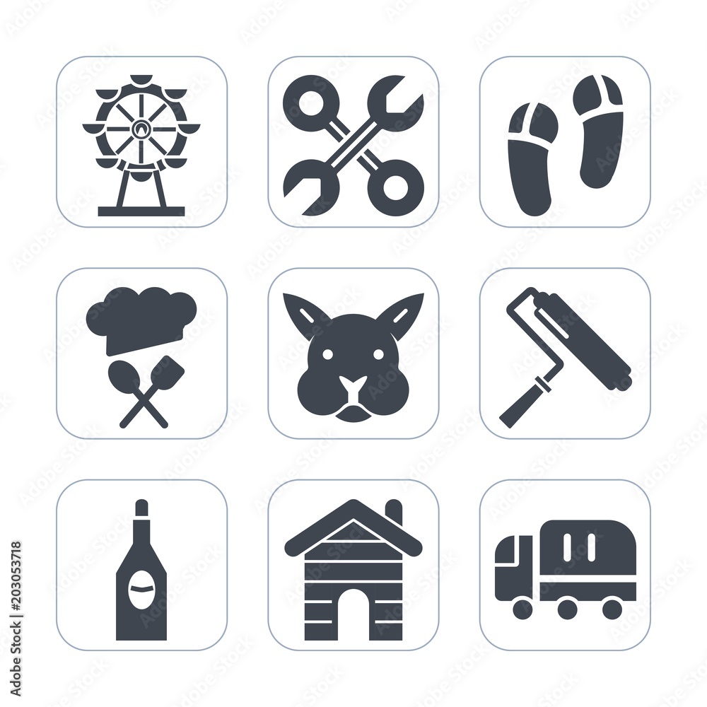 Premium fill icons set on white background . Such as holiday, transport, bunny, business, industrial, home, alcohol, roller, restaurant, glass, construction, service, roll, repair, tool, estate, house