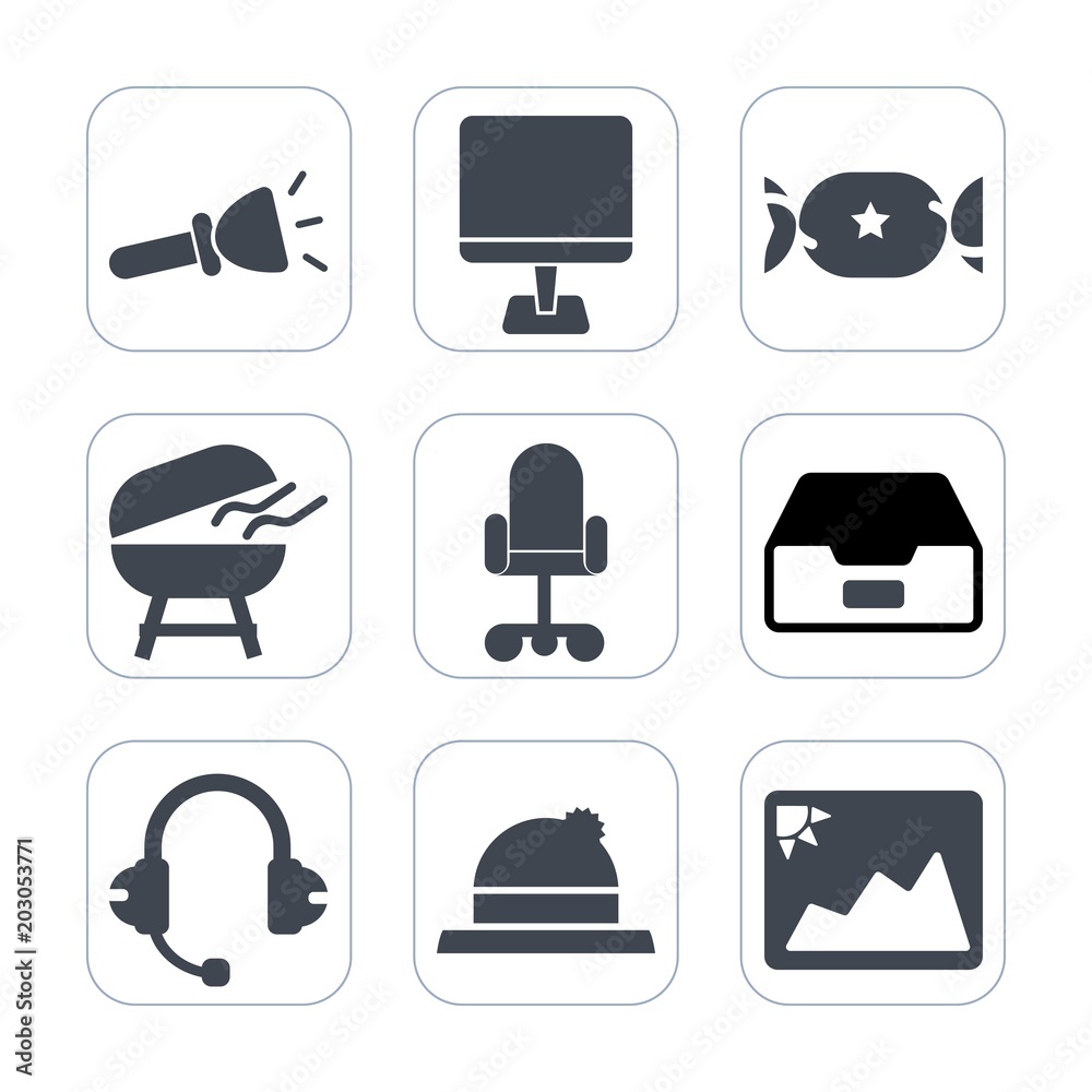 Premium fill icons set on white background . Such as monitor, bulb, internet, flashlight, chair, tool, hat, document, laptop, microphone, clothing, style, business, technology, office, object, grill Premium fill icons set on white background . Such as monitor, bulb, internet, flashlight, chair, tool, hat, document, laptop, microphone, clothing, style, business, technology, office, object, grill