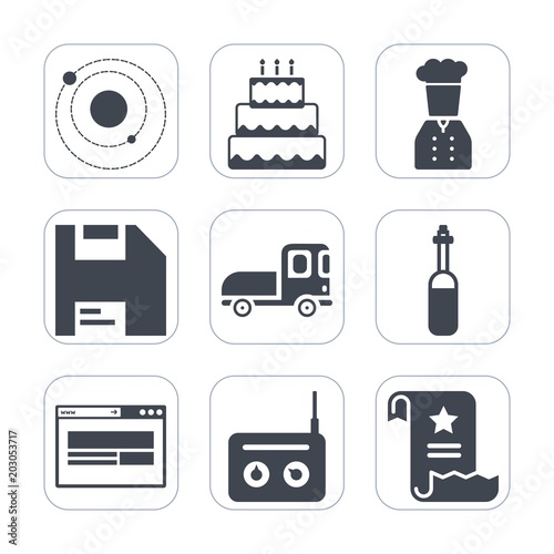 Premium fill icons set on white background . Such as paper, document, chief, media, computer, radio, transport, cake, diskette, sweet, system, printer, technology, pie, bakery, laboratory, solar, disk