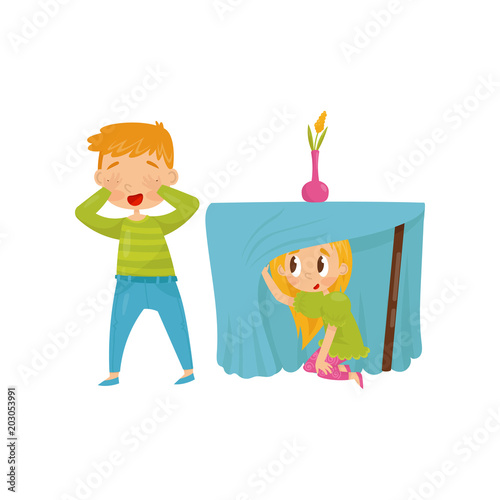 Brother and sister playing hide-and-seek. Girl hiding under table. Boy closing eyes with his hands. Flat vector design