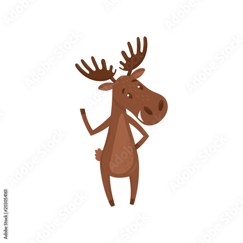 Friendly moose waving paw. Forest animal with large branched horns. Cartoon character of Eurasian elk. Flat vector design