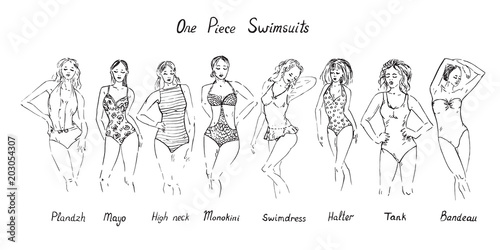 Portrait of girls in  plandzh, mayo, high neck, monokini, swimdress, halter, tank, bandeau, one piece swimsuits set with inscription, hand drawn outline doodle, vector illustration