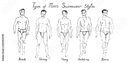 Portrait of sexy guys in briefs, strings, thong, jockstrap and bikini type of swimsuits collection with inscription, hand drawn doodle, sketch in pop art style, black and white vector illustration