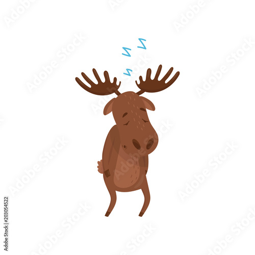 Cartoon character of sleepwalker moose. Wild forest animal. Brown Eurasian elk with large branched horns. Flat vector design