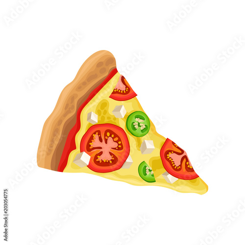 Triangle slice of pizza with tomatoes, cucumbers and mozzarella cheese. Delicious fast food. Flat vector element for promo poster flyer of pizzeria
