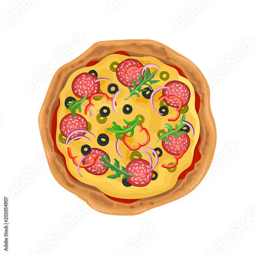 Appetizing round pizza with salami. Fast food. Colorful flat vector element for poster of cafe or pizzeria