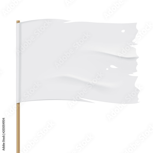 White torn flag close up. Waving fabric flag, isolated on background. Tattered vector flag design.