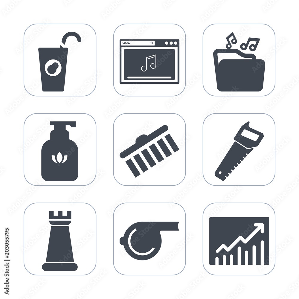 Premium fill icons set on white background . Such as sign, game, construction, referee, online, shape, stroke, soap, media, internet, brush, whistle, bottle, clean, piece, hygiene, web, file, orange