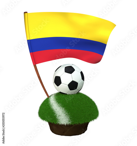 A black and white round ball for playing football and the national flag of Colombia are located on a stretch of a football field with green grass and a white stripe. 3D Illustration