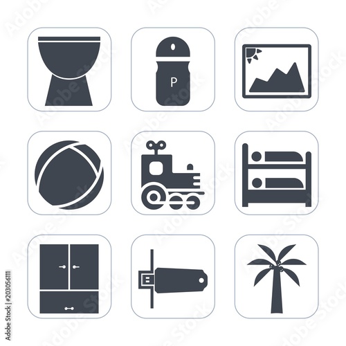 Premium fill icons set on white background . Such as locomotive, picture, music, paper, sphere, concert, transportation, toy, memory, drum, percussion, vehicle, frame, food, photography, spice, flash