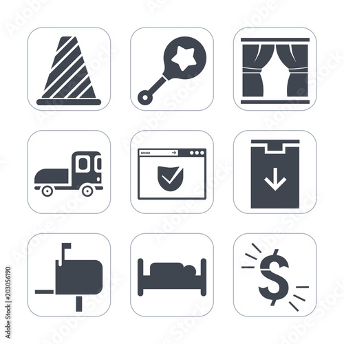 Premium fill icons set on white background . Such as street, vehicle, transportation, usd, childhood, delivery, house, white, mailbox, dollar, baby, transport, shipping, play, child, home, kid, sign